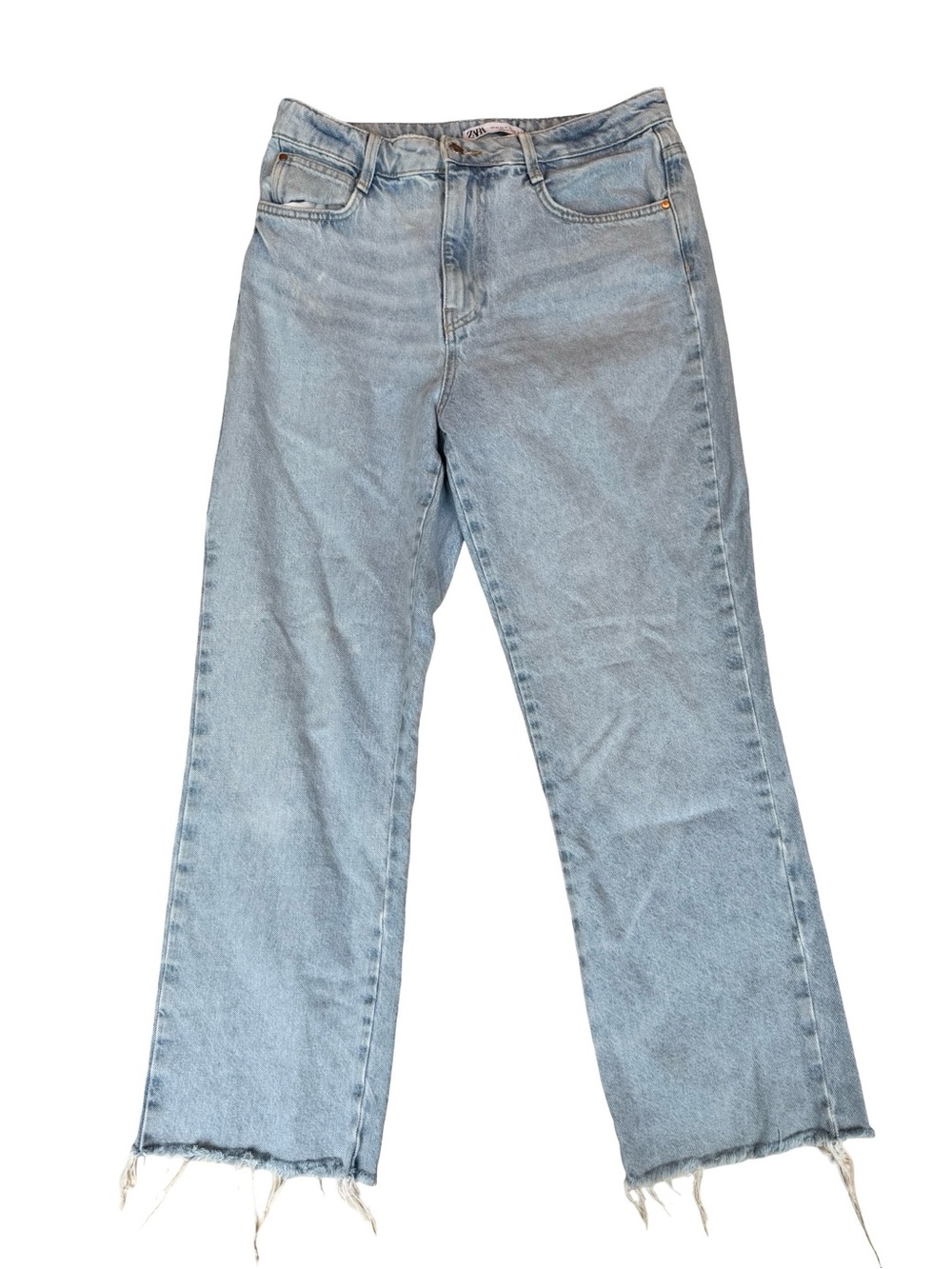 Zara Light Blue Straight Leg Jeans with Raw Hem Size 10